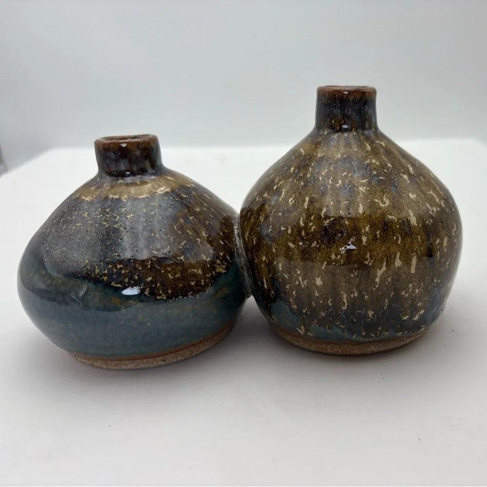 Set of Two Joined Pottery Bud  Vases in Blue and Brown -Makers Mark